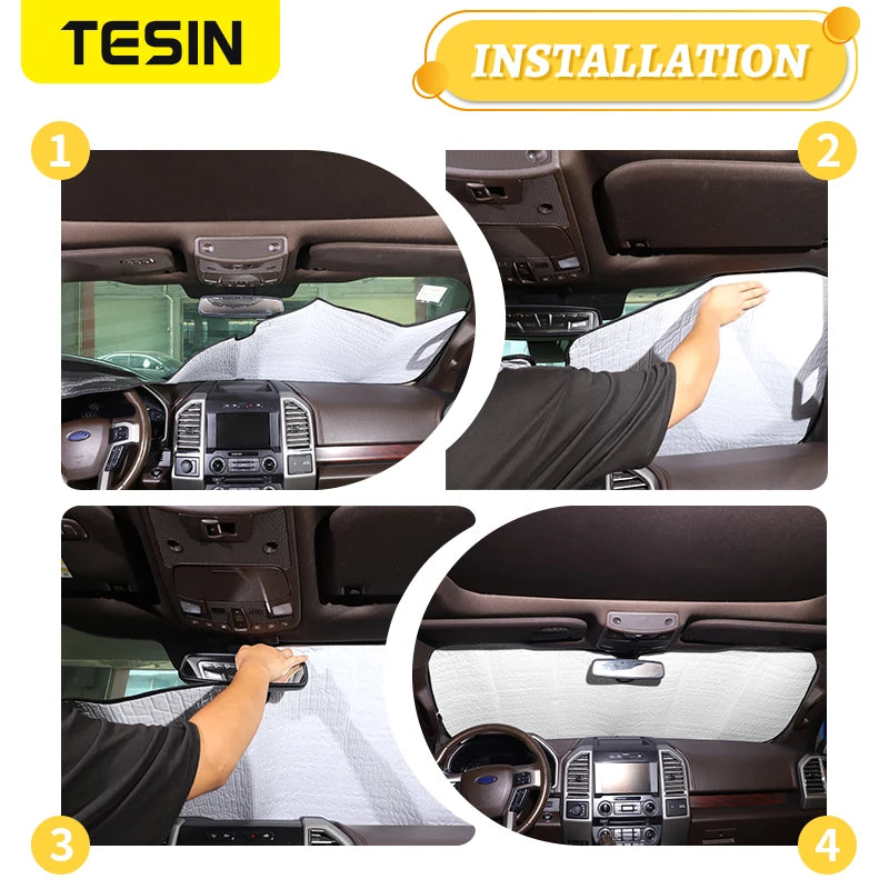 Four steps showing the installation of a aluminum foil windshield sunshade in a vehicle interior.