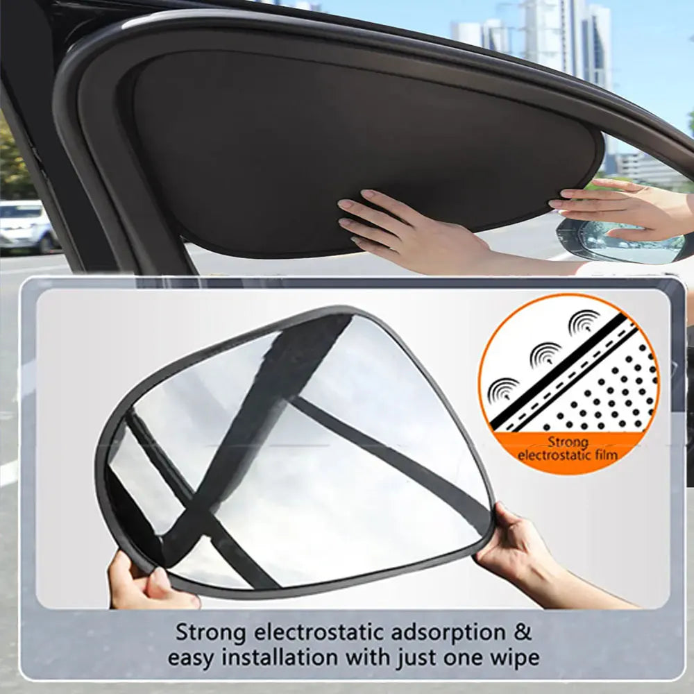 Eine Hand installiert einen starken elektrostatischen Sonnenschutz auf einem Autoscheibe.