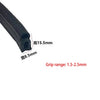 A black U-shaped door edge seal strip with a height of 15.5mm and a grip range of 1.5-2.5mm.