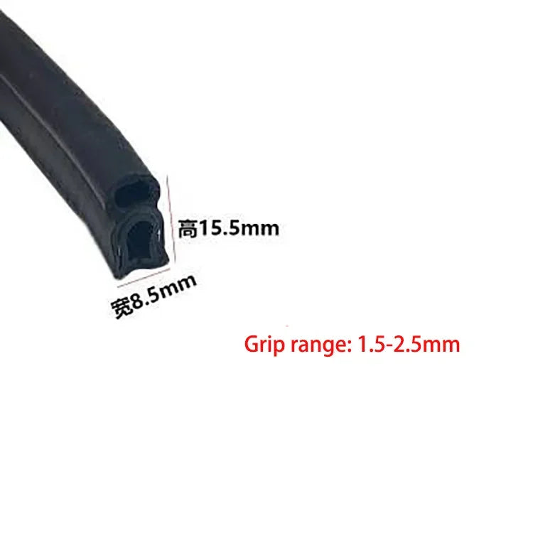 A black U-shaped door edge seal strip with a height of 15.5mm and a grip range of 1.5-2.5mm.