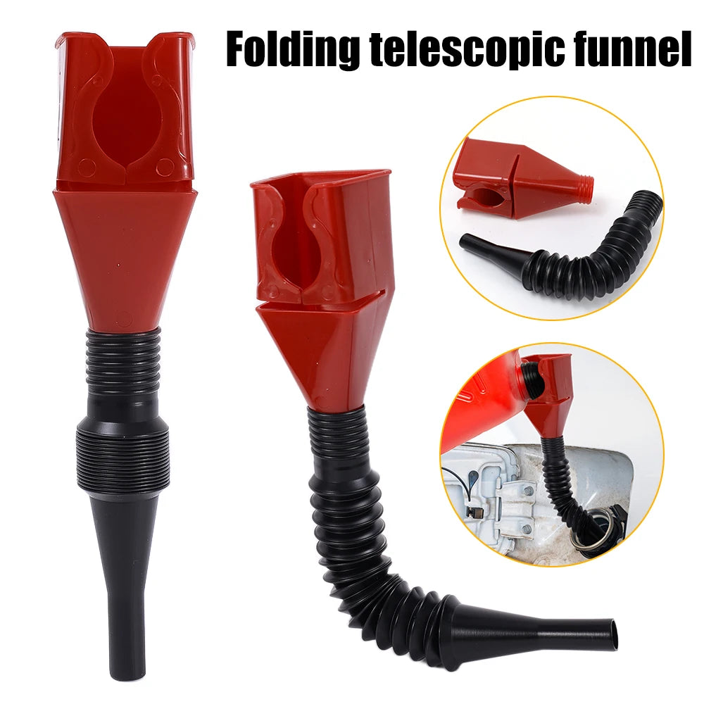 Red folding telescopic funnel with black flexible tube for car fuel transfer
