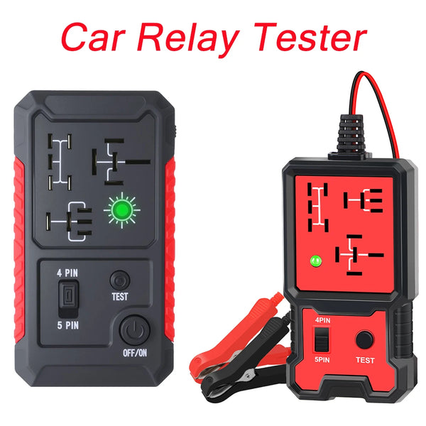 A black and red car relay tester device with test leads shown next to it.