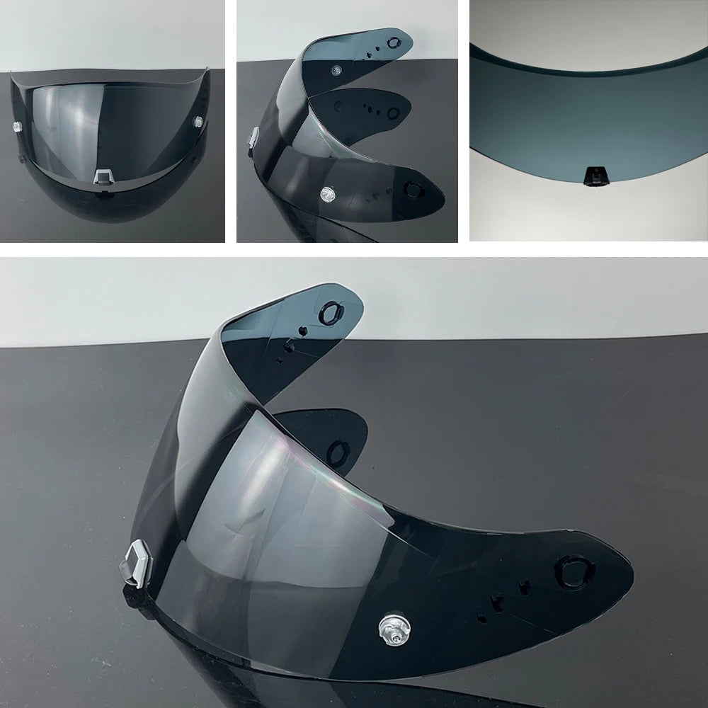 A black motorcycle helmet visor lens shown from multiple angles and in use.