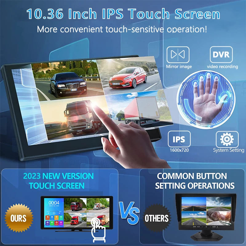 A display showing a hand touching a 10.36 inch IPS touch screen for convenient operation.
