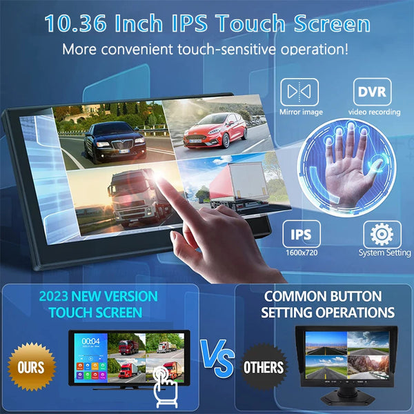 A display showing a hand touching a 10.36 inch IPS touch screen for convenient operation.