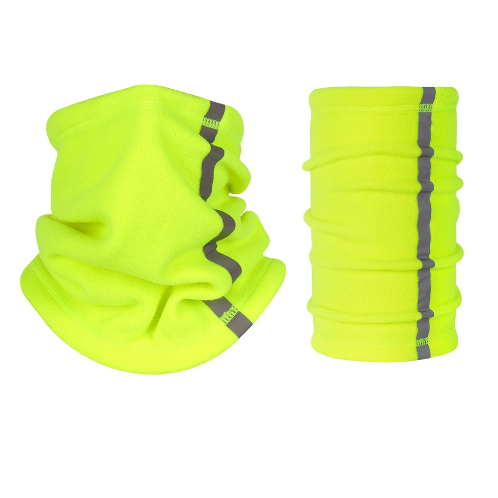 Bright lime green fleece neck warmer scarf with gray stripes, shown in two views.