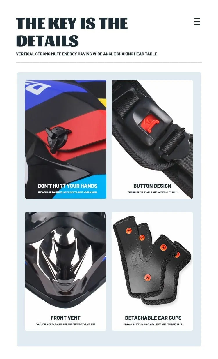 Gros plan d'un casque de moto tout-terrain noir avec boutons et éléments détachables