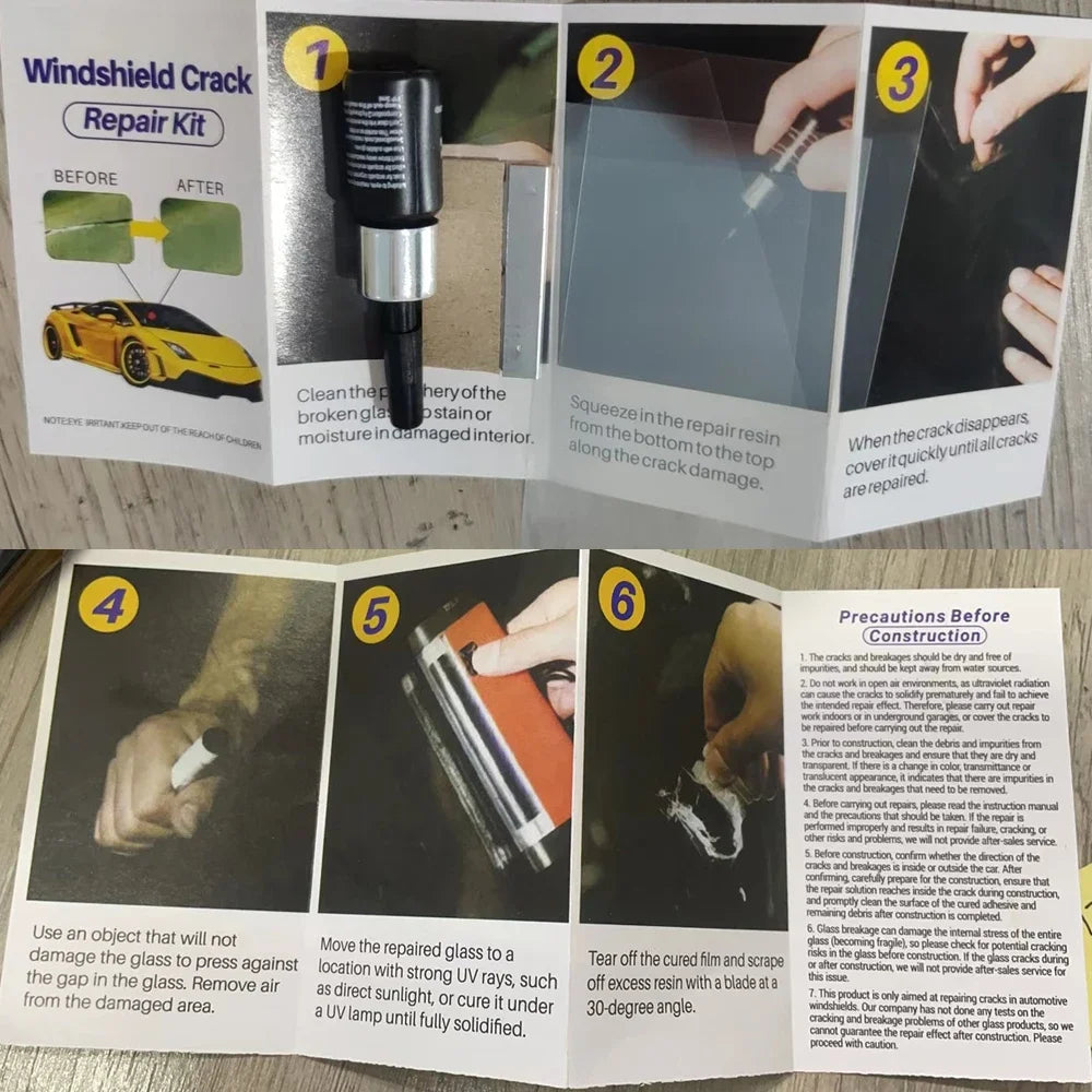 A six-step guide showing how to repair a windshield crack using a repair kit.