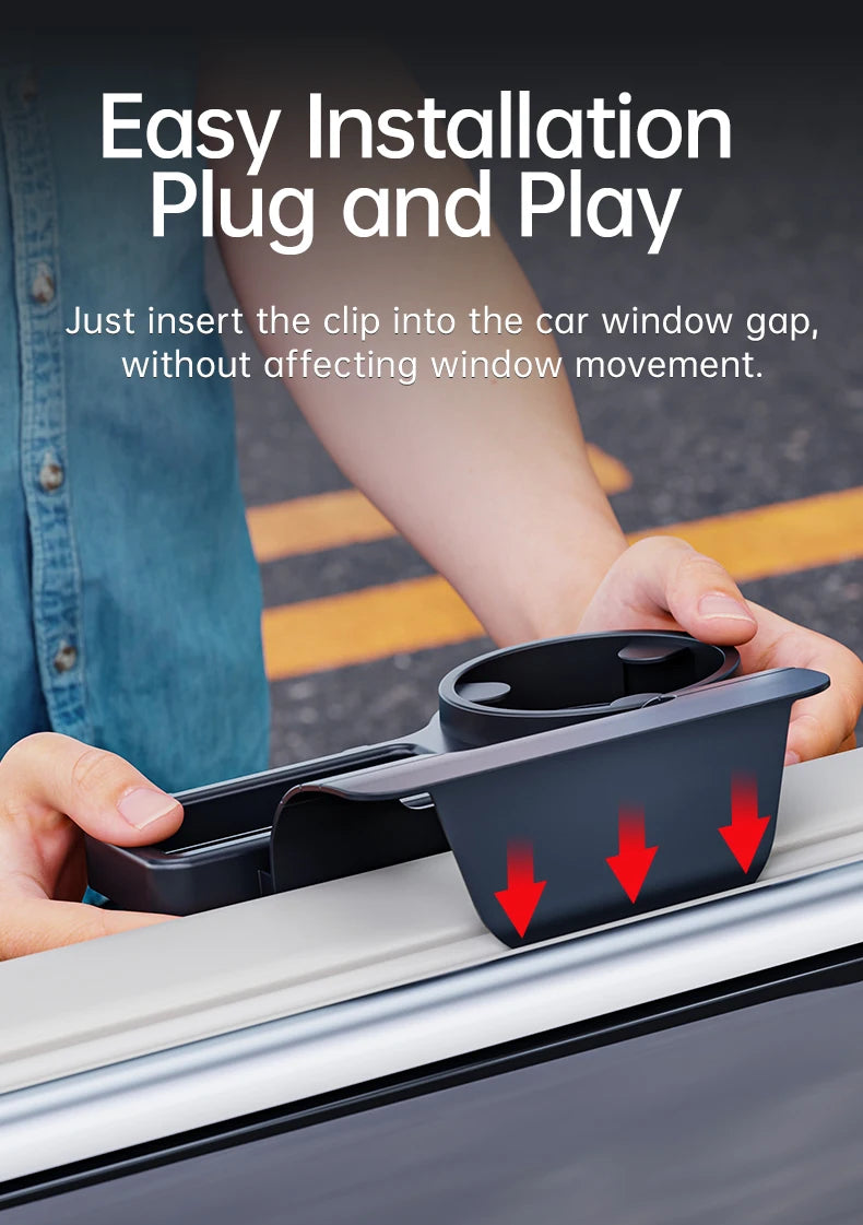 A hand is inserting a clip into a car window gap to install a multi-purpose door storage organizer.