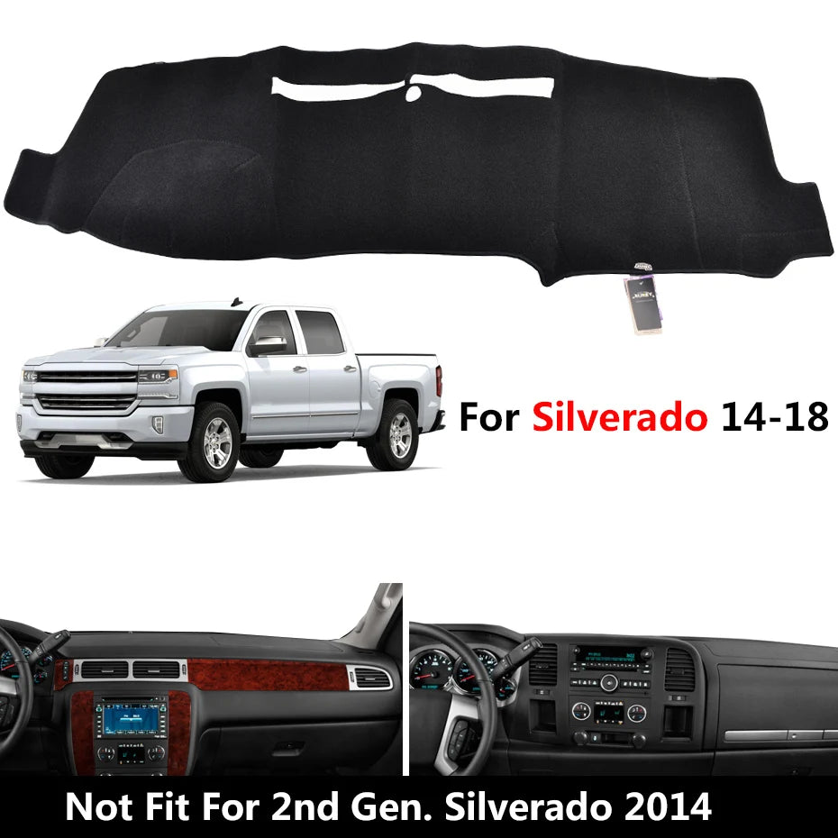 Schwarzer Armaturenbrettbezug für einen Chevrolet Silverado LKW, gezeigt mit einer Passform- und Nichtpassform-Warnung.