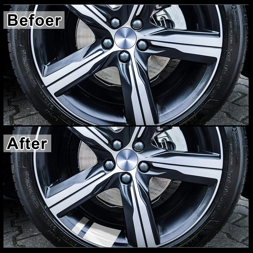 Before and after comparison of universal reflective safety stickers applied to a wheel rim.