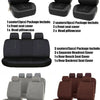 A set of universal PU leather car seat covers in grey and coffee colors for various seats.