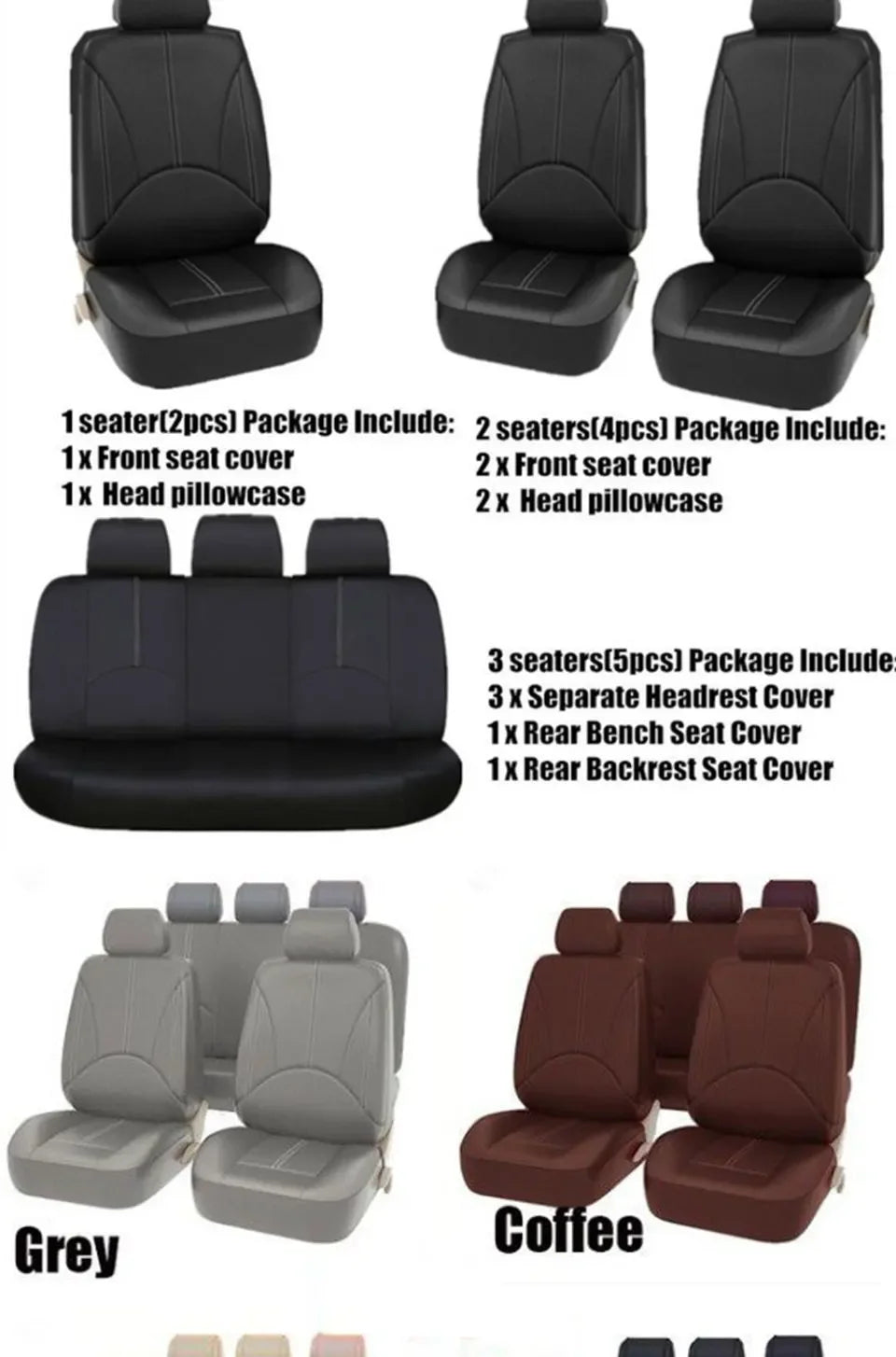 A set of universal PU leather car seat covers in grey and coffee colors for various seats.