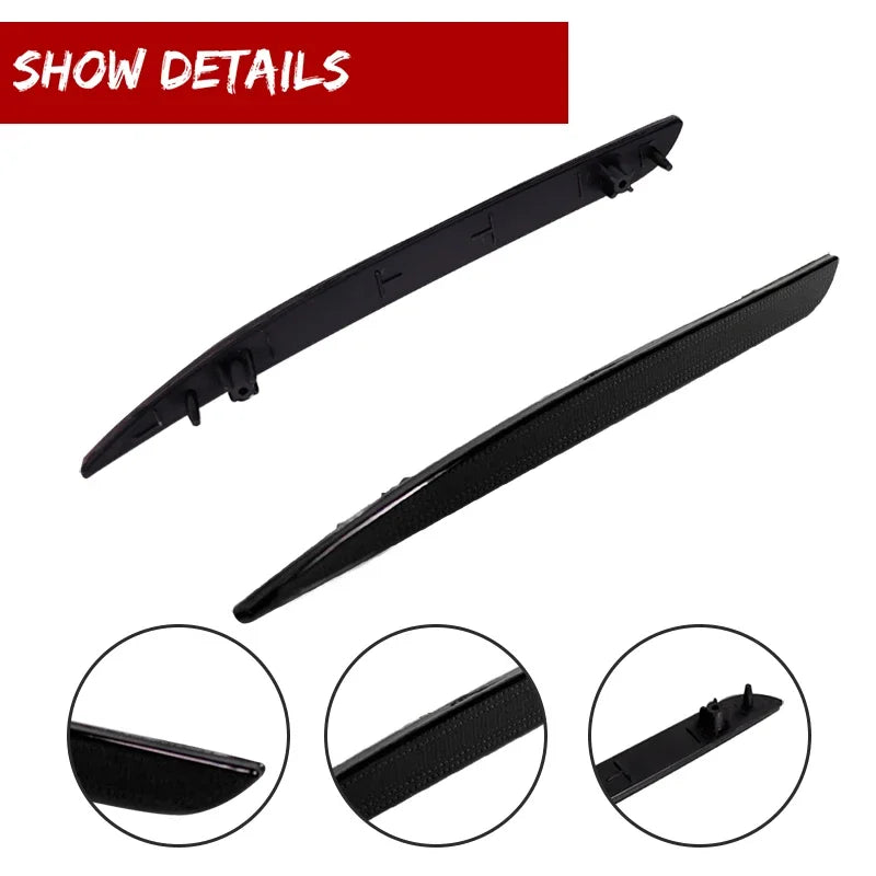 Black rear bumper reflector light covers for Chrysler 300 shown in various angles