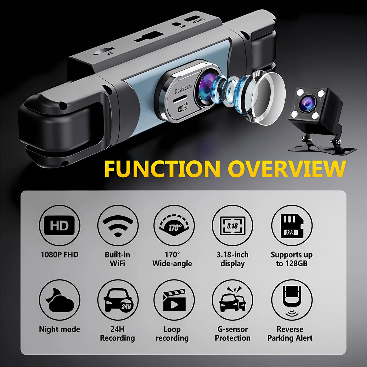 A silver and black 4-channel full HD car dash cam is shown with various features listed below it.