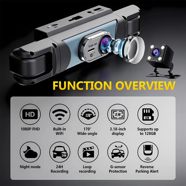 A silver and black 4-channel full HD car dash cam is shown with various features listed below it.