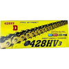 Yellow packaging for a 428HV motorcycle chain with a gold ring and direct energy transfer label.