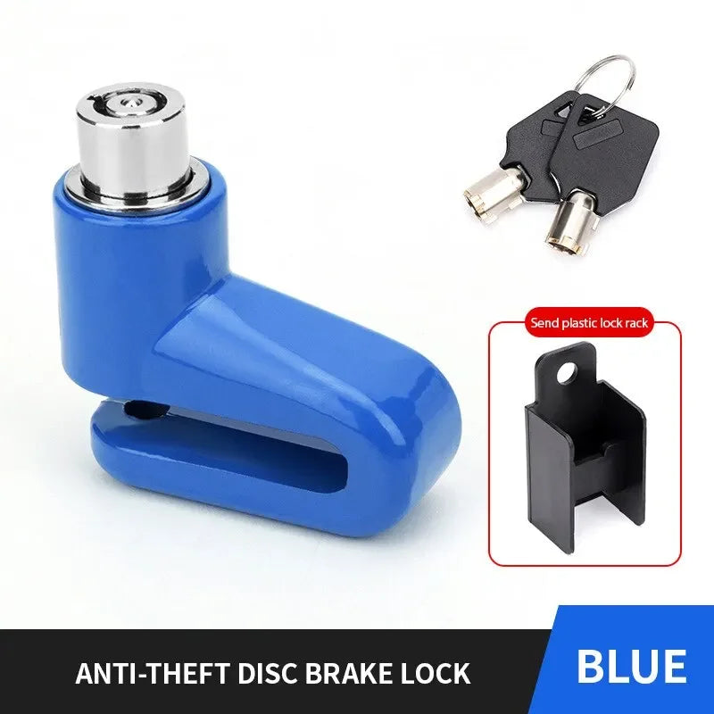 Blue anti-theft disc brake lock featuring a clamp and a key for securing motorcycle wheels