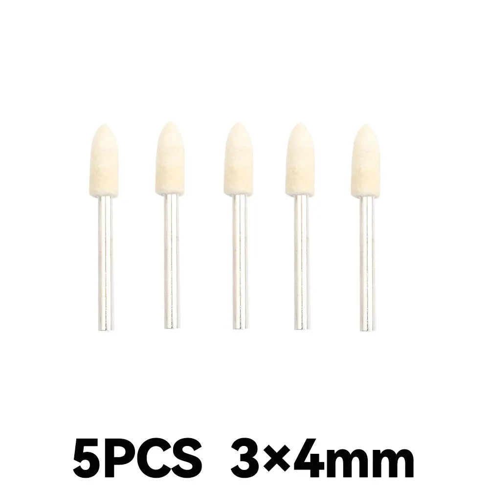 Five light beige wool felt polishing buffing wheels with metal shafts