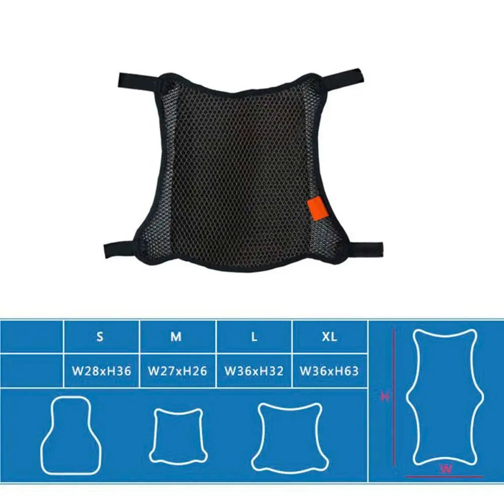 Black mesh motorcycle seat cushion cover with adjustable straps and a white diagram showing the seat shape.