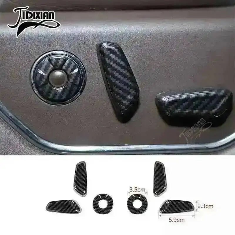 Carbon fiber grain interior trim kit for Ford F-150 showing various trim pieces and dimensions
