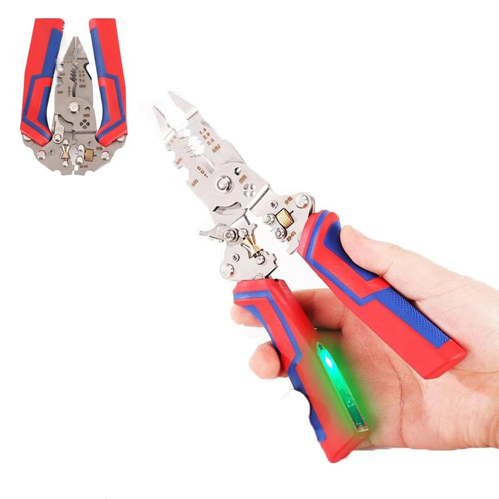 A hand holds a red and blue electrical wire stripper and testing tool with silver pliers visible.