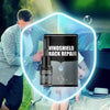 A black bottle of windshield crack repair kit is shown next to a person in a car interior.