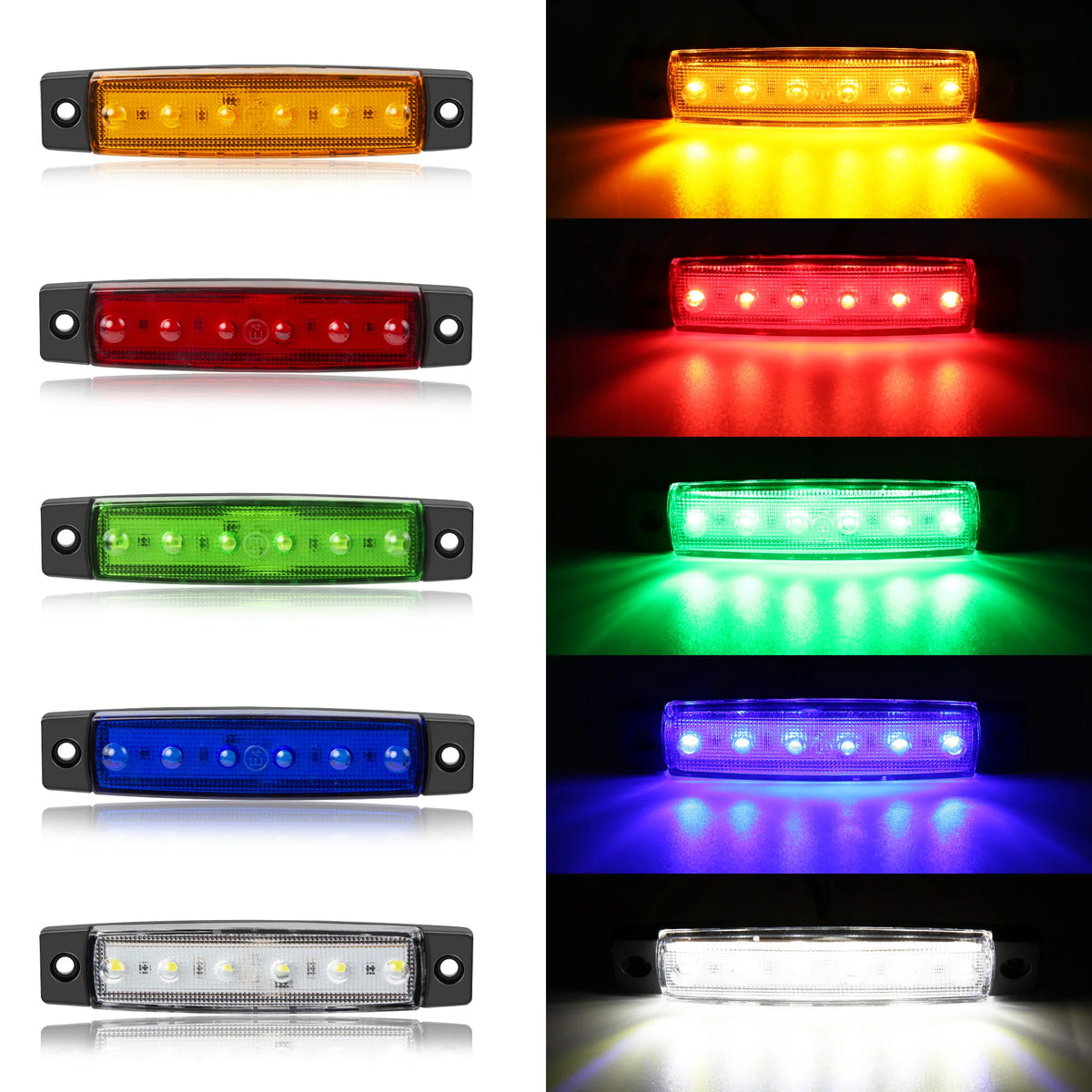 Collection de lumières marqueurs LED multicolores montrant des illuminations orange, rouge, verte, bleue et blanche.