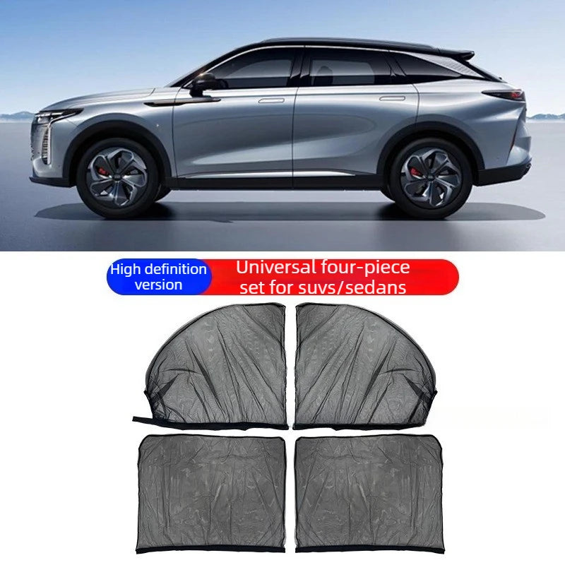 A silver SUV is shown next to a set of four black mesh window shades for SUVs and sedans.