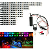 A set of motorcycle RGB LED underglow strips and a remote control with wires and connectors.