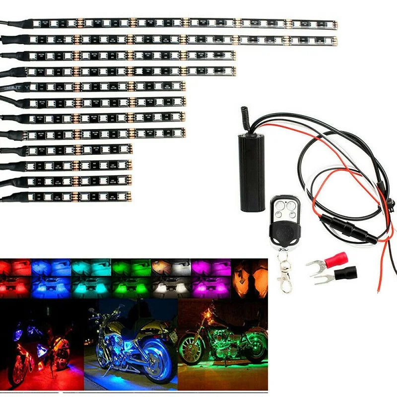 A set of motorcycle RGB LED underglow strips and a remote control with wires and connectors.