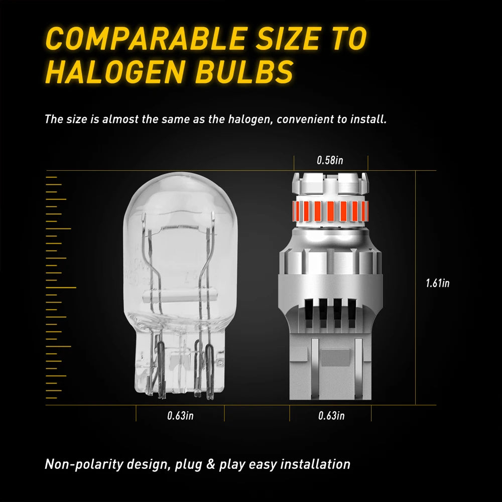 A comparison showing a red LED strobe brake light bulb next to a halogen bulb, highlighting their comparable size and non-pol