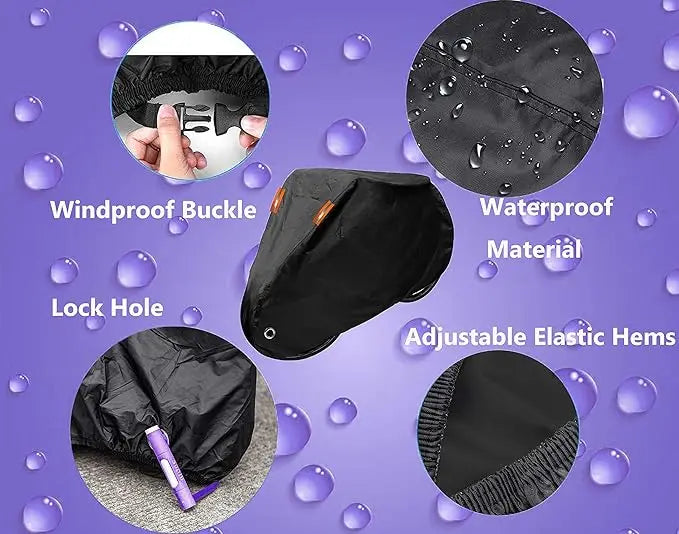 Black heavy duty waterproof bicycle cover showing features like a windproof buckle, lock hole, and adjustable elastic hems.