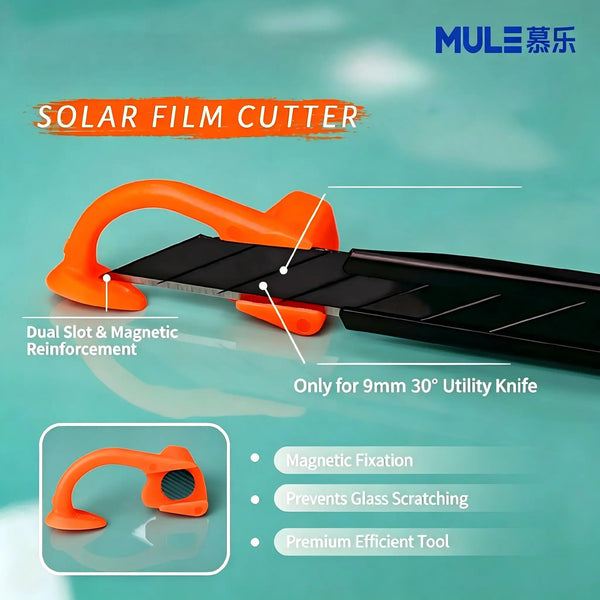 Orange solar film cutter tool with magnetic reinforcement and a 9mm utility knife blade.