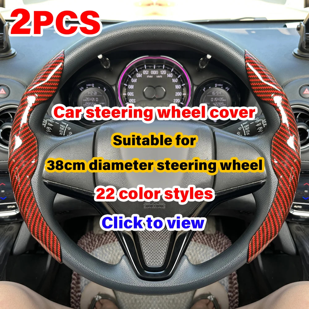 Two pieces of red and black carbon fiber steering wheel cover suitable for a 38cm diameter steering wheel.
