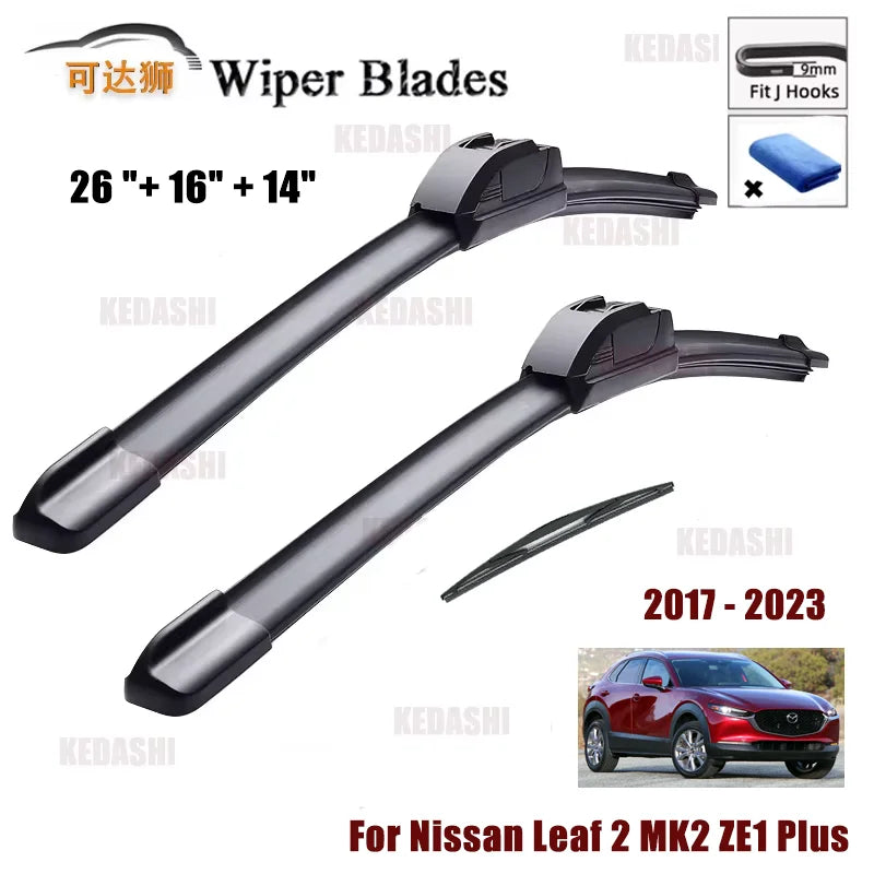A set of universal windshield wiper blades for a Nissan Leaf MK2 ZE1 Plus vehicle.