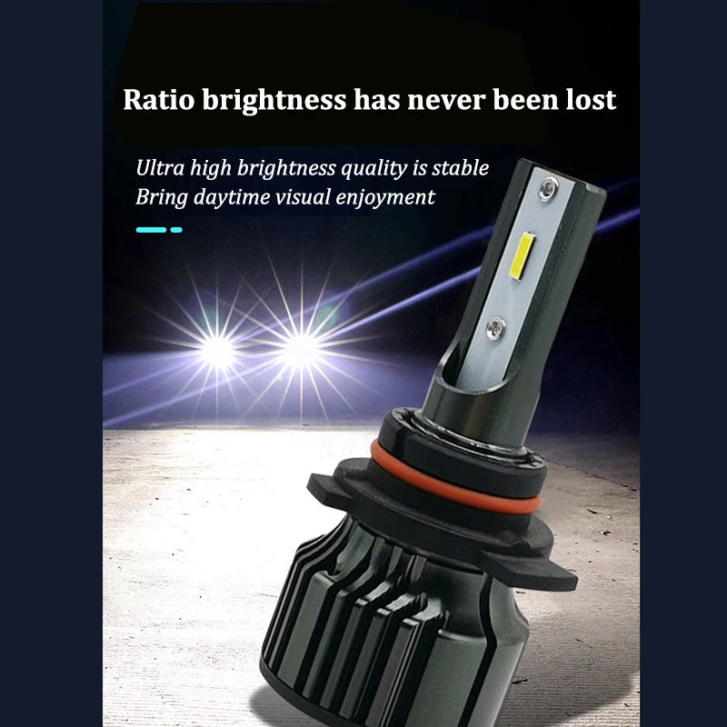 A close-up view of a 50W H7 LED car headlight bulb with a black housing and yellow light, demonstrating bright daylight visua