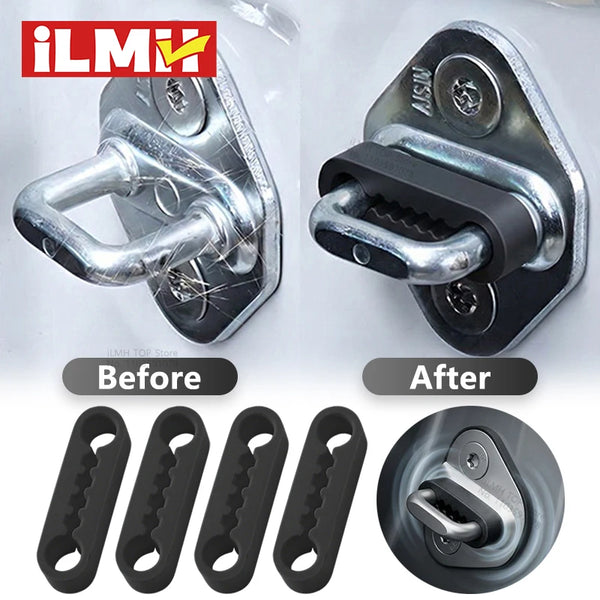 Before and after comparison of a silicone car door lock cover anti-vibration pad installation.