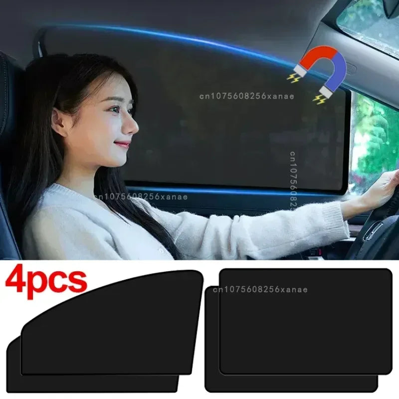 Four magnetic car window sunshades for privacy and heat blocking shown in a car interior context.
