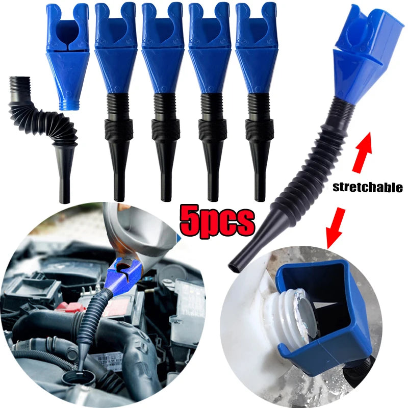 Five blue and black foldable refueling funnels for automotive use shown with a close-up of the product and its function