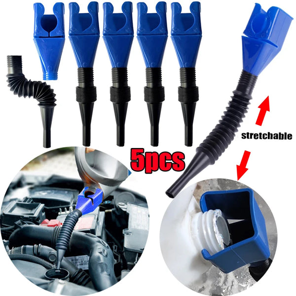 Five blue and black foldable refueling funnels for automotive use shown with a close-up of the product and its function
