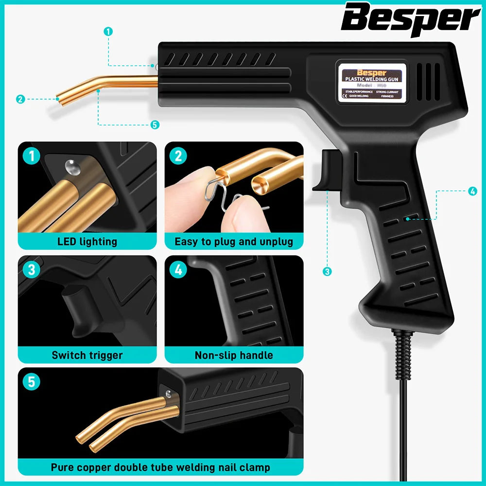 A black plastic welding gun with a copper double tube welding nail clamp and LED lighting.