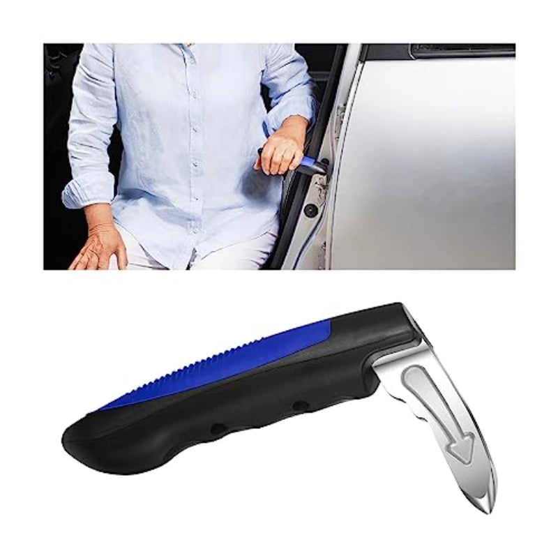 A close-up of a black and blue car door assist handle tool being used to open a car door.