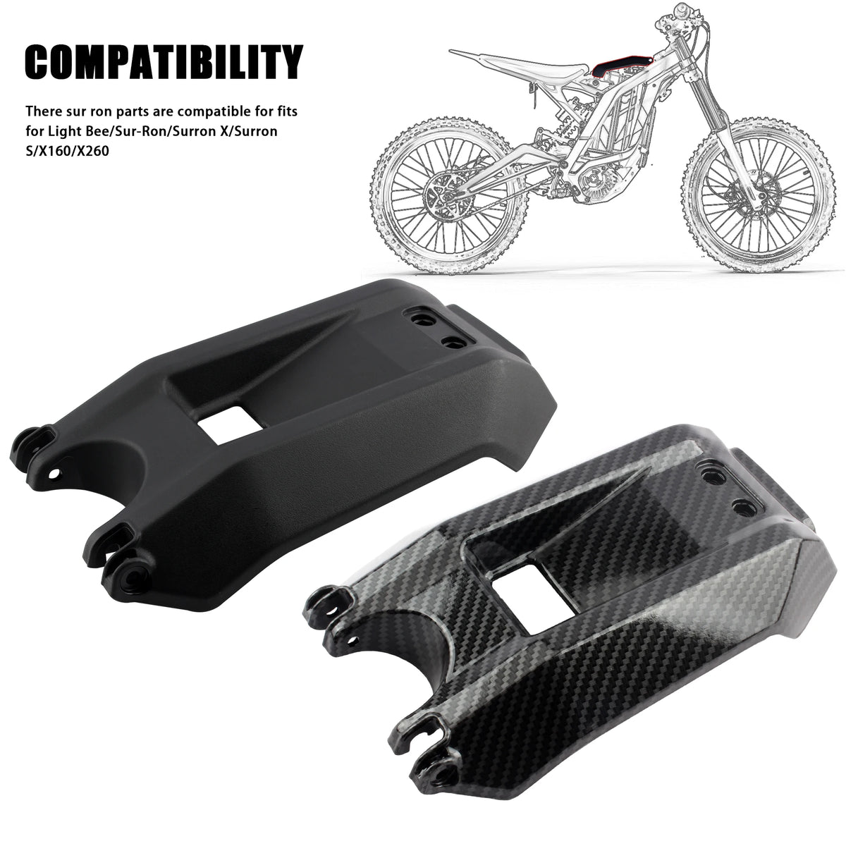 Black and carbon fiber battery compartment cover for electric bikes with compatibility information