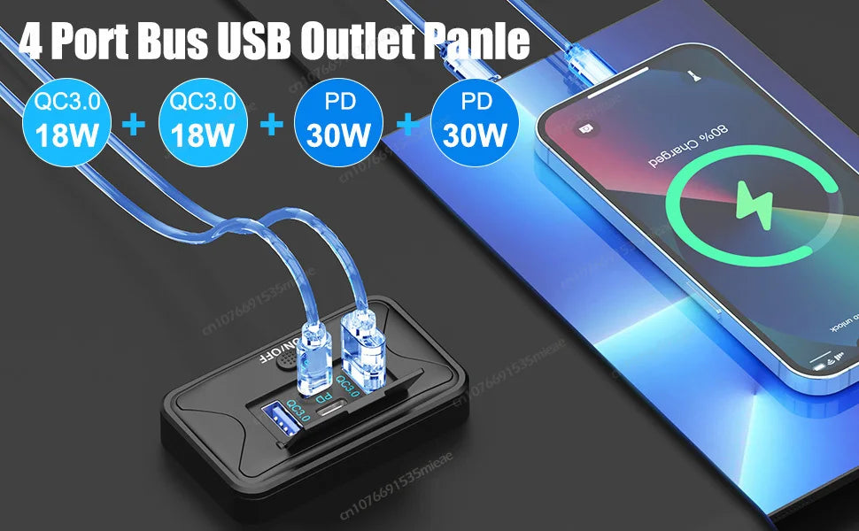 A black 4-port USB outlet panel with four blue cables and a smartphone charging on a blue surface.
