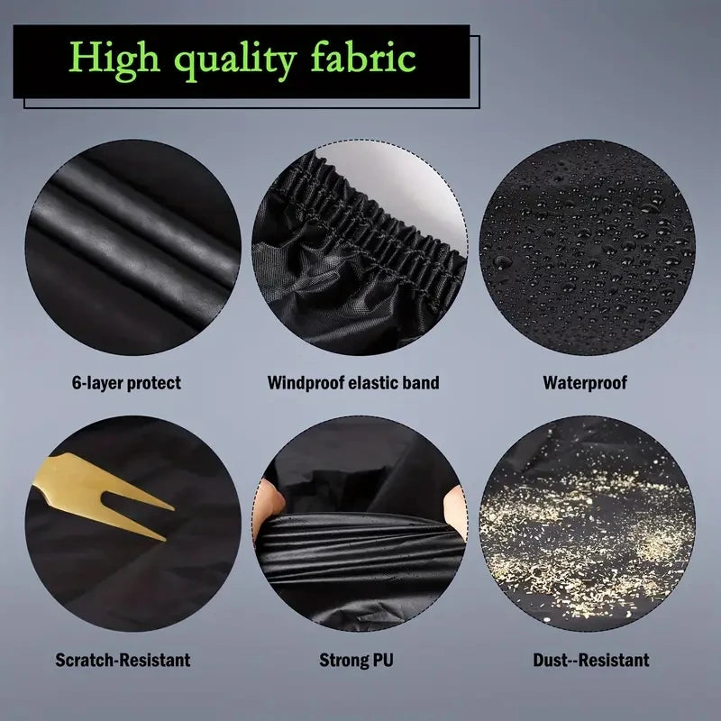 Black universal all-weather car cover showing fabric layers, waterproof features, scratch resistance, and dust resistance.