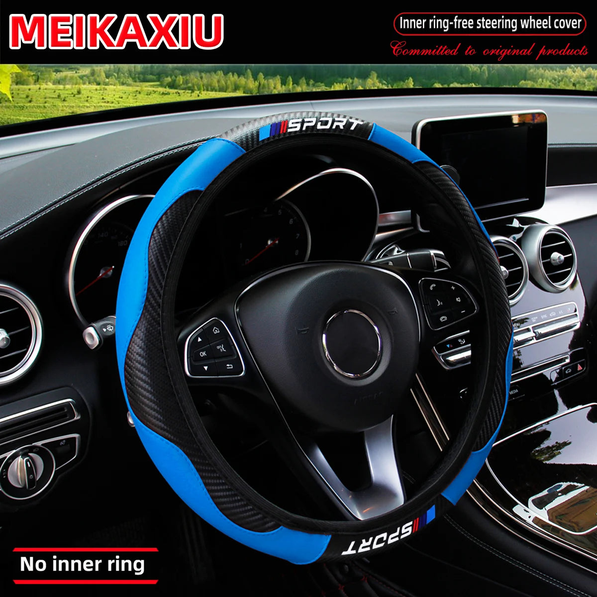Blue and black carbon fiber steering wheel cover for an Audi interior.