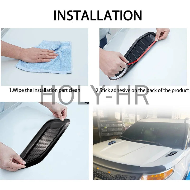 Étapes d'installation montrant comment fixer une pièce adhésive sur le cache de ventilation du capot de voiture.