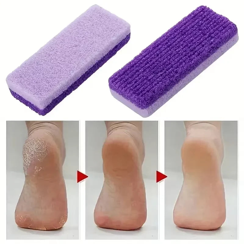Pieds de verre naturels violets pour exfolier la peau morte, montrés en trois vues