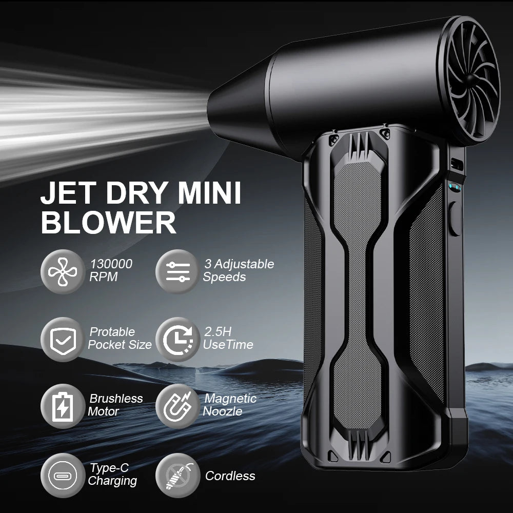 A black mini jet dry blower is shown emitting a strong stream of air against a dark background.